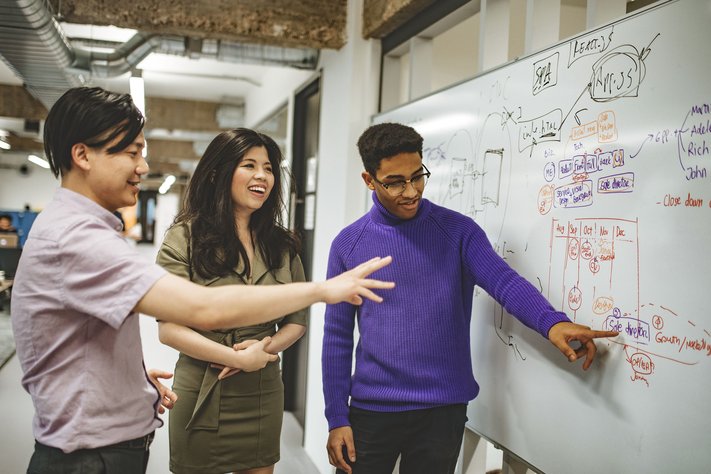 Young professionals discuss sales on a workplace whiteboard.