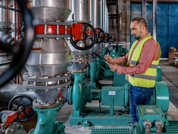 A man in performs checks on a boiler machine in a boiler room. He is holding a clipboard and is wearing a yellow fluorescent vest
