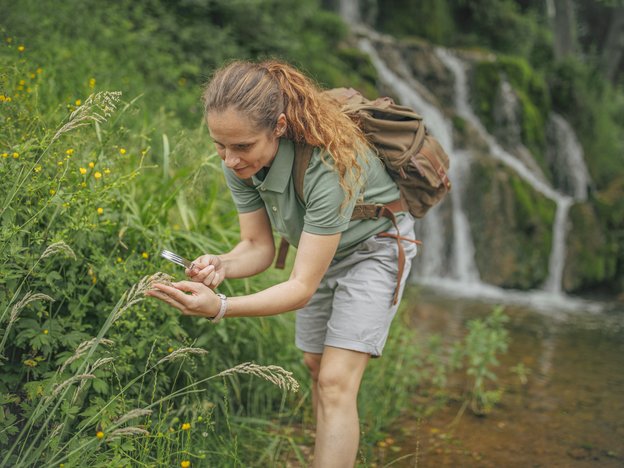 A woman looks at seed heads on blades of grass through a magnifying glass.