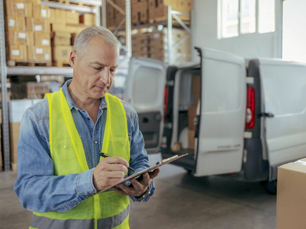 A man writes on a clipboard. he stands inside a warehouse and wears a yellow high visibility vest. He stands in front of a van with the back door open.