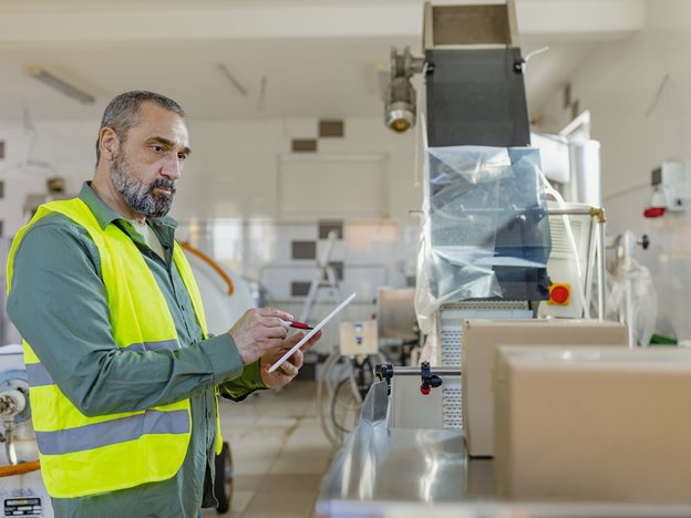 A man writes notes on a tablet while he looks at packages. he wears green overalls and a yellow high visibility vest.