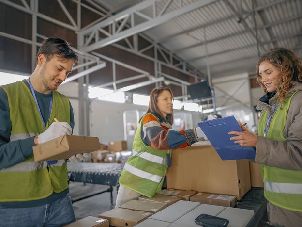 Two women and a man sort and check off packages in a mail room. They wear fluorescent yellow vests with a silver stripe.
