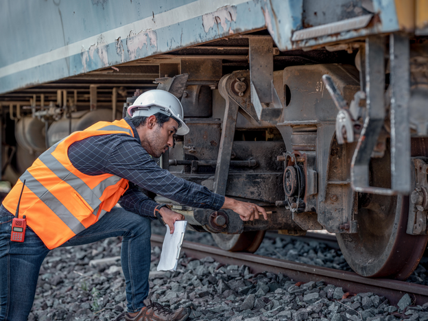 A man kneels down and points to a part of a railcar on a train track. He holds a pen in one hand and a notepad in the other. He wears a white helmet and a orange high visibility vest.