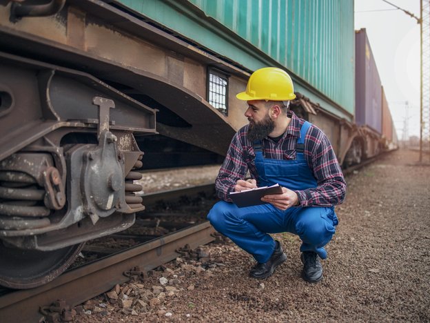 A man kneels down next to a railcar on a train track. He writes on a notepad and wears a yellow helmet and a blue helmet