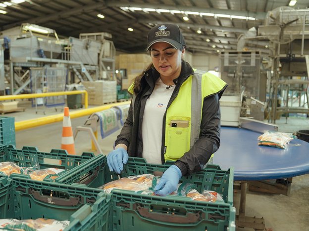 A woman wearing a yellow fluorescent vest, blue gloves and a black cap sorts through carrots for grading in a factory warehouse.