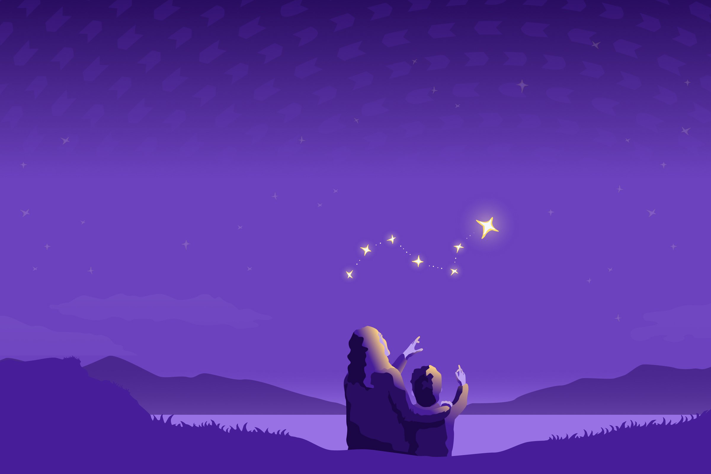 Two people are looking up and pointing at a shooting star in the night sky.
