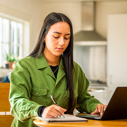 A young woman in a house sits at a desk with a laptop writing notes.