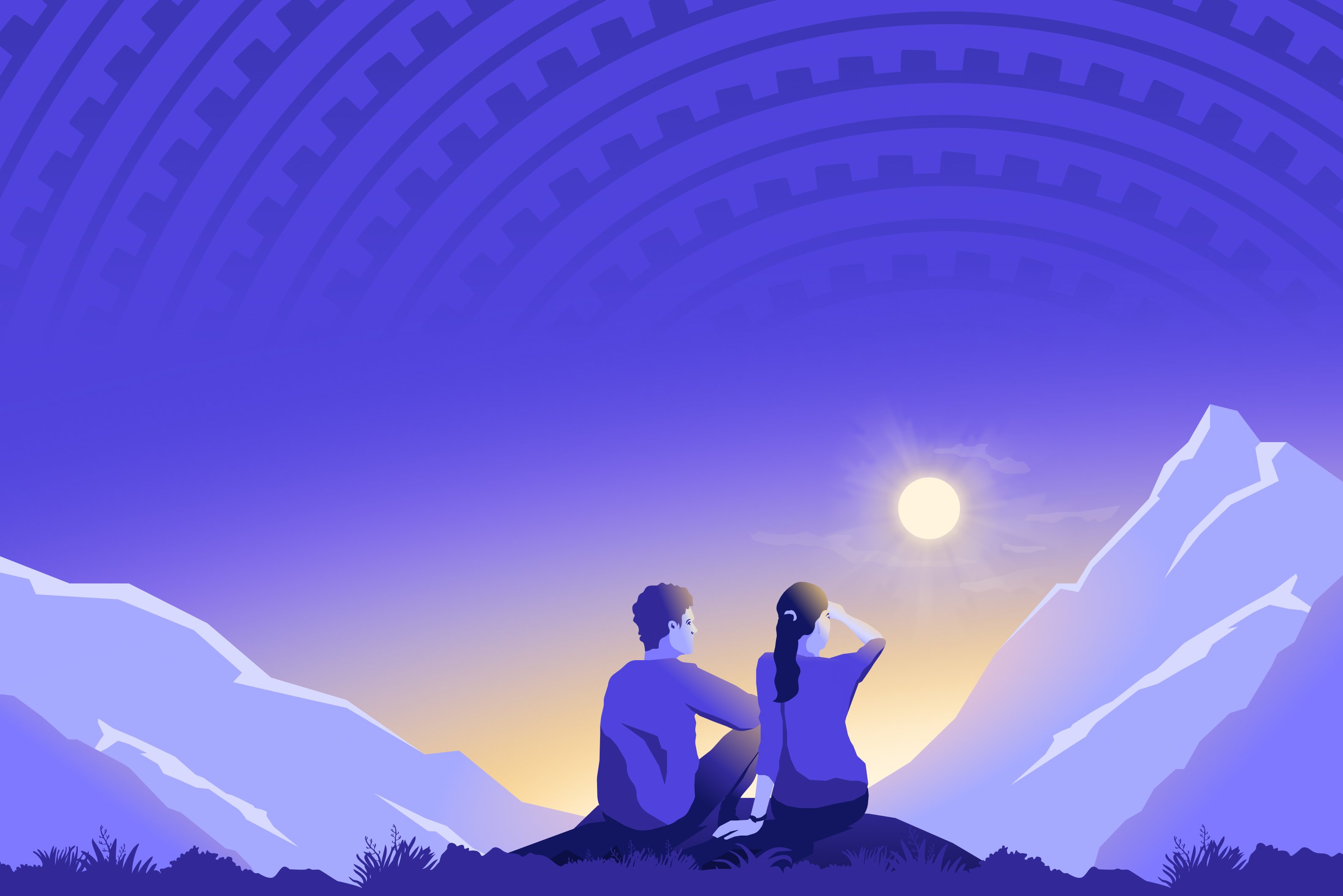 Two people sit on a rock, looking out onto a mountain range and the sun.