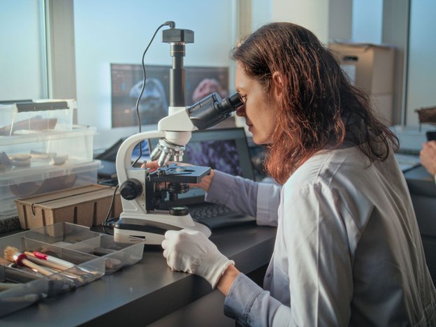 Female chemist or microbiologist conducts fossil analysis under microscope. Bones of ancient human skeleton and tools lying on the table. Scientists work in advanced and equipped archaeological lab.