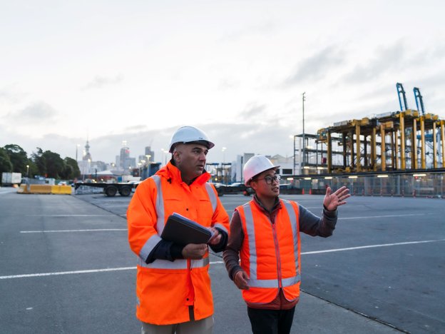 Two construction workers having a meeting or discussion together about project at construction site, pointing