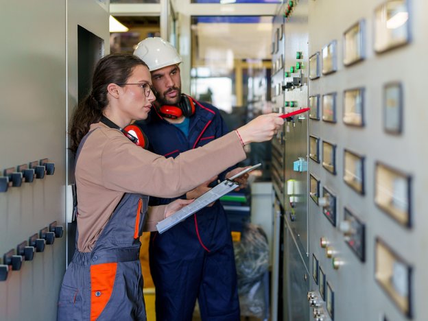 Two adults looking at controls